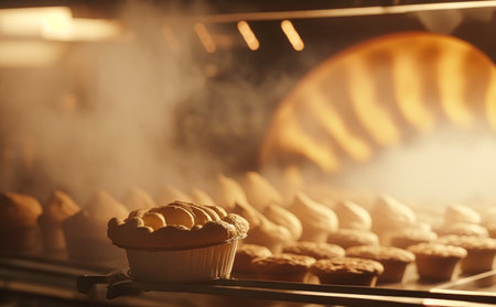 Bakery in the morning, hot fresh bread and pastry baking in the old town bakery, freshly baked products on shelves and the oven, small local business and food production. Generative Ai.の素材