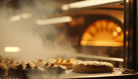 Bakery in the morning, hot fresh bread and pastry baking in the old town bakery, freshly baked products on shelves and the oven, small local business and food production. Generative Ai.の素材