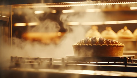 Bakery in the morning, hot fresh bread and pastry baking in the old town bakery, freshly baked products on shelves and the oven, small local business and food production. Generative Ai.の素材