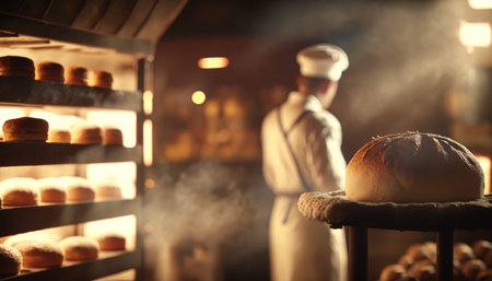 Baker baking fresh bread and pastry in the old town bakery in the morning, hot freshly baked products on shelves and the oven, small local business and food production. Generative Ai.の素材