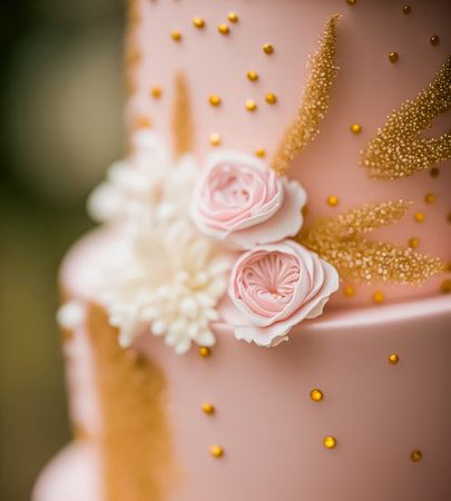 Close-up detail of a luxury wedding cake, exclusive high-end design, beautifully decorated professional premium cake as main dessert for exquisite wedding celebration. Generative Ai.の素材