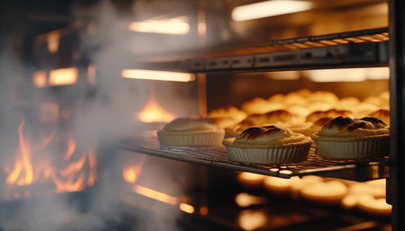 Bakery in the morning, hot fresh bread and pastry baking in the old town bakery, freshly baked products on shelves and the oven, small local business and food production. Generative Ai.の素材