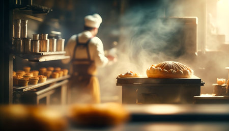 Baker baking fresh bread and pastry in the old town bakery in the morning, hot freshly baked products on shelves and the oven, small local business and food production. Generative Ai.の素材