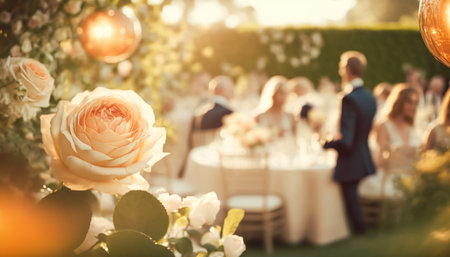 Wedding guests celebrating at a beautiful outdoor venue on a sunny day, luxury wedding decoration idea and decor inspiration with flowers, party event celebration at the garden estate. Generative Ai.の素材