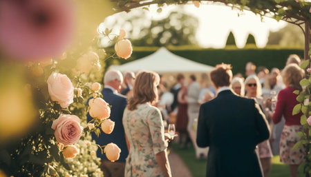 Wedding guests celebrating at a beautiful outdoor venue on a sunny day, luxury wedding decoration idea and decor inspiration with flowers, party event celebration at the garden estate. Generative Ai.の素材
