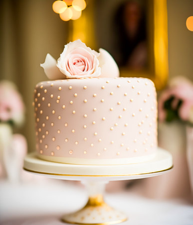 Luxury wedding cake, exclusive high-end design, beautifully decorated professional one tier premium cake as main dessert for exquisite wedding celebration. Generative Ai.の素材