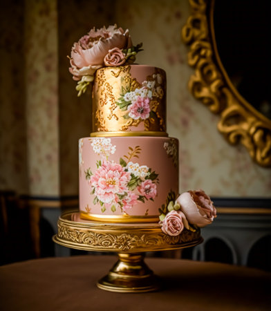 Luxury wedding cake, exclusive high-end design, beautifully decorated professional multi tier premium cake as main dessert for exquisite wedding celebration. Generative Ai.の素材