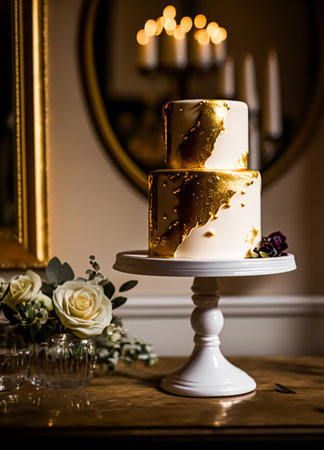Luxury wedding cake, exclusive high-end design, beautifully decorated professional multi tier premium cake as main dessert for exquisite wedding celebration. Generative Ai.の素材