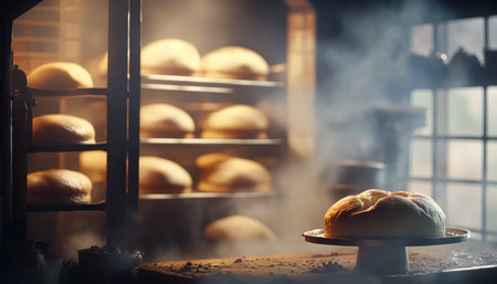 Bakery in the morning, hot fresh bread and pastry baking in the old town bakery, freshly baked products on shelves and the oven, small local business and food production. Generative Ai.の素材