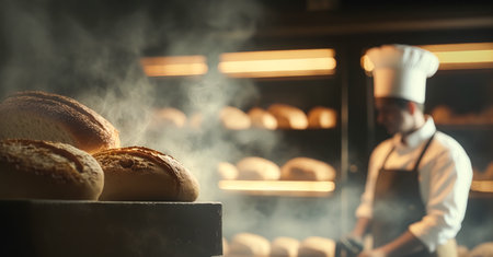 Baker baking fresh bread and pastry in the old town bakery in the morning, hot freshly baked products on shelves and the oven, small local business and food production. Generative Ai.の素材