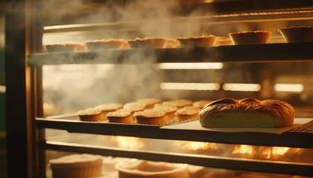 Bakery in the morning, hot fresh bread and pastry baking in the old town bakery, freshly baked products on shelves and the oven, small local business and food production. Generative Ai.の素材