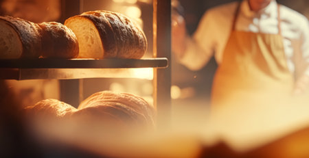 Baker baking fresh bread and pastry in the old town bakery in the morning, hot freshly baked products on shelves and the oven, small local business and food production. Generative Ai.の素材