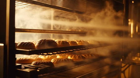 Bakery in the morning, hot fresh bread and pastry baking in the old town bakery, freshly baked products on shelves and the oven, small local business and food production. Generative Ai.の素材