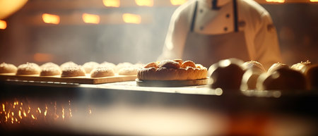 Baker baking fresh bread and pastry in the old town bakery in the morning, hot freshly baked products on shelves and the oven, small local business and food production. Generative Ai.の素材