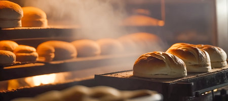 Bakery in the morning, hot fresh bread and pastry baking in the old town bakery, freshly baked products on shelves and the oven, small local business and food production. Generative Ai.の素材