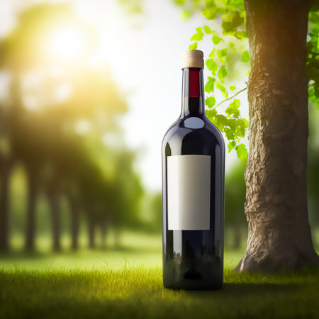 Luxury red house wine bottle in the sunny countryside background, blank empty lable for mockup. Generative Ai.の素材
