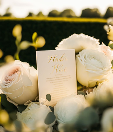 Beautiful luxury wedding table decoration idea and inspiration with flowers and generic stylised design for a summer wedding celebration outdoors in the English style floral garden. Generative Ai.の素材