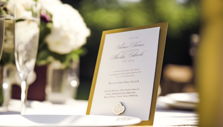 Beautiful luxury wedding table decoration idea and inspiration with flowers and generic stylised design for a summer wedding celebration outdoors in the English style floral garden. Generative Ai.の素材