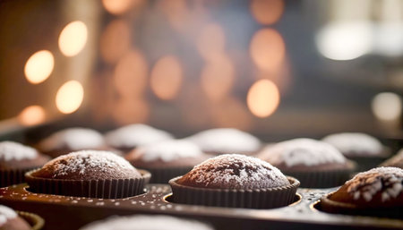 Chocolate muffins baking in the oven, homemade cakes, food recipe. Generative Ai.の素材