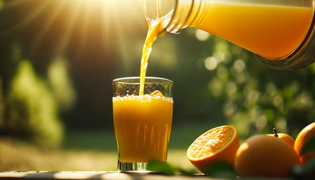 Pouring fresh orange juice into a glass on a sunny morning in the English countryside. Generative Ai.の素材