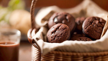 Homemade cakes, chocolate muffins in a vintage wicker basket. Generative Ai.の素材