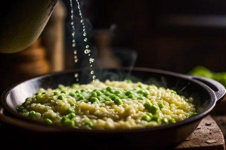 cooking pea risotto in the countryside house kitchen, homemade comfort food for dinner in vintage rustic country style, generative ai.の素材