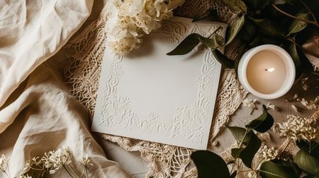 wedding invitation or holiday thank you card flatlay, white blank beautiful paper card on vintage background with flowers, fabric and decor, generative ai.の素材