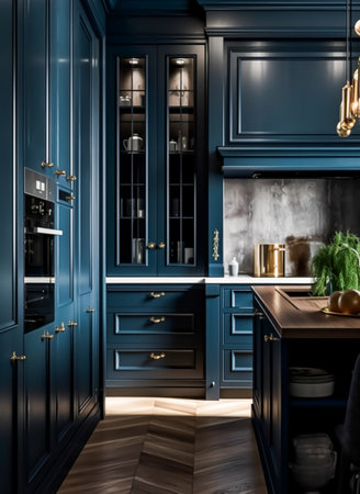 Stunning traditional dark blue luxury kitchen with in-frame cabinets in the english country style. Generative AI.の素材