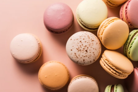 Macaroons on cream pastel background, chic cafe dessert, sweet food and holiday cake macaron for luxury confectionery idea, post-processed, generative aiの素材