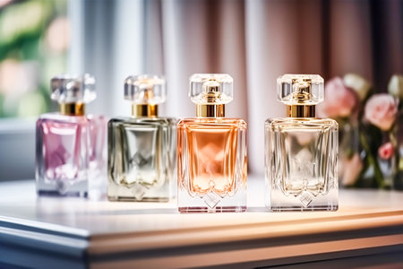 Luxury perfume bottles on display at a presentation, women fragrance scent new exclusive collection idea, post-processed, generative aiの素材
