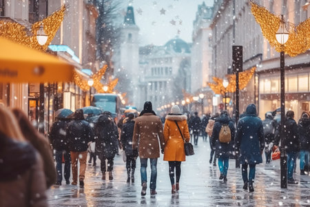 Crowdy street during Christmas shopping, snowing winter in the city idea, post-processed, generative aiの素材