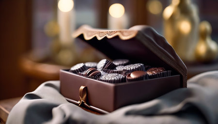 Chocolates and chocolate pralines in a gift box as a luxury holiday present, post-processed, generative aiの素材