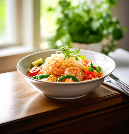 Pasta with shrimps, and vegetables, organic food, meal for lunch or dinner, tasty recipe, post-processed, generative aiの素材