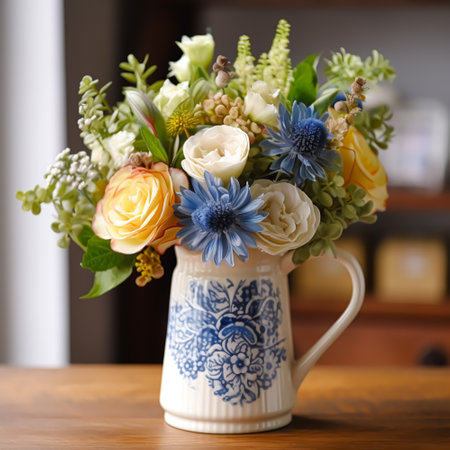 Beautiful bouquet of fresh flowers in a vintage vase, country style home decor and interior design, post-processed, generative aiの素材