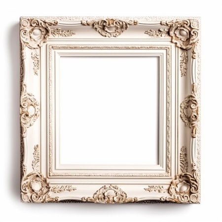 Empty vintage white wood square frame isolated on white background for wall art mockup, post-processed, generative aiの素材