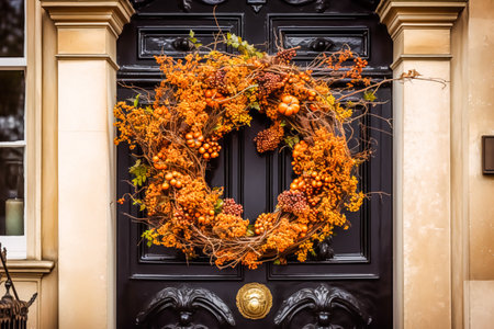 Autumn wreath decoration on a classic door entrance, welcoming autumn holiday season with autumnal decorations, post-processed, generative aiの素材