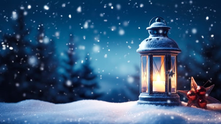 Vintage Christmas lantern on snow as magic night winter holiday background, Merry Christmas and Happy Holidays wishes, post-processed, generative aiの素材