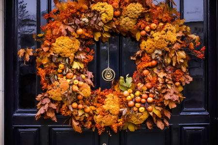 Autumn wreath decoration on a classic door entrance, welcoming autumn holiday season with autumnal decorations, post-processed, generative aiの素材