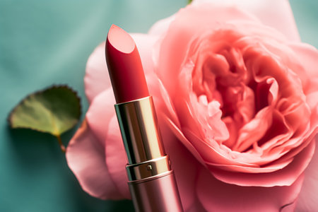 Pink lipstick in a golden tube and blooming rose flower, beauty cosmetic and make-up product, post-processed, generative aiの素材