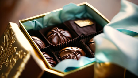 Chocolates and chocolate pralines in a gift box as a luxury holiday present, post-processed, generative aiの素材