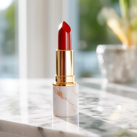 Luxurious red lipstick in golden tube on marble, beauty cosmetic and luxury make-up product, post-processed, generative aiの素材