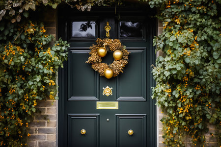 Autumn wreath decoration on a classic door entrance, welcoming autumn holiday season with autumnal decorations, post-processed, generative aiの素材