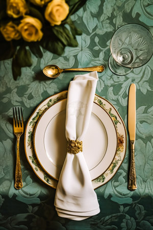 Elegant dinner table setting arrangement in English country style as flatlay tablescape, folded napkin on a serving plate, tableware and holiday table decor, post-processed, generative aiの素材