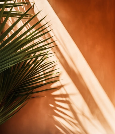 Tropical background for a product placement, palm tree leaves and sunlight shadows on the wall, minimalistic botanical backdrop, palms on a hot sunny day, post-processed, generative aiの素材