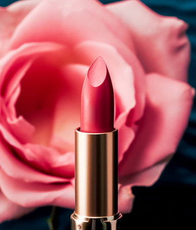 Pink lipstick in a golden tube and blooming rose flower, beauty cosmetic and make-up product, post-processed, generative aiの素材
