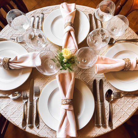 Elegant dinner table setting arrangement in English country style as flatlay tablescape, folded napkin on a serving plate, tableware and holiday table decor, post-processed, generative aiの素材