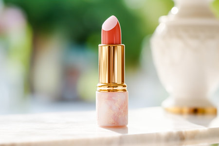 Luxurious pink lipstick in golden tube on marble, beauty cosmetic and luxury make-up product, post-processed, generative aiの素材