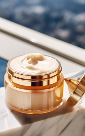 Luxury gold face cream jar on luxurious marble under golden sunlight at spa, beauty and skincare product, post-processed, generative aiの素材