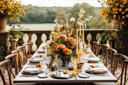 Autumn table scape, autumnal dinner table setting in English countryside style with flowers, tablescape with holiday tableware and decoration for wedding, birthday or party event celebration, post-processed, generative aiの素材