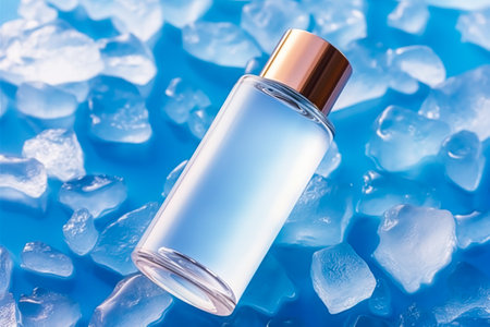Skincare cosmetic bottle with golden cap on blue ice background, post-processed, generative aiの素材